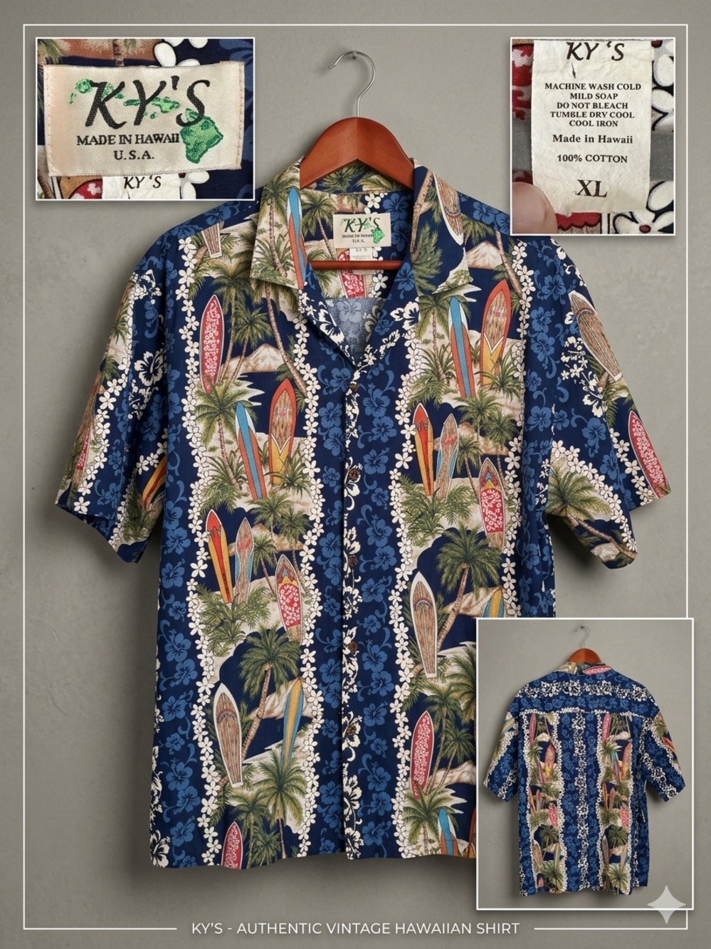 Vintage Ky’s Hawaiian Shirt Blue Surfboards Palm Trees Floral Button Up Aloha XL